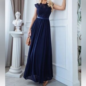 Miusol Navy Blue Lace Top Maxi Dress Formal Gown